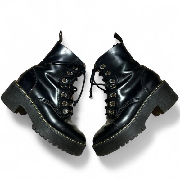 Dr. Martens Leona Glossy Black Leather Platform Heeled Boots - Picture 2 of 7